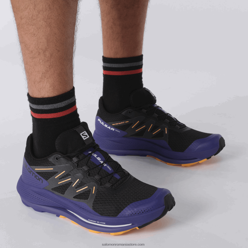 Salomon negru/albastru clematis/portocaliu aprins pantofi de alergare pentru bărbați – pulsar trail 6D8X2J1462