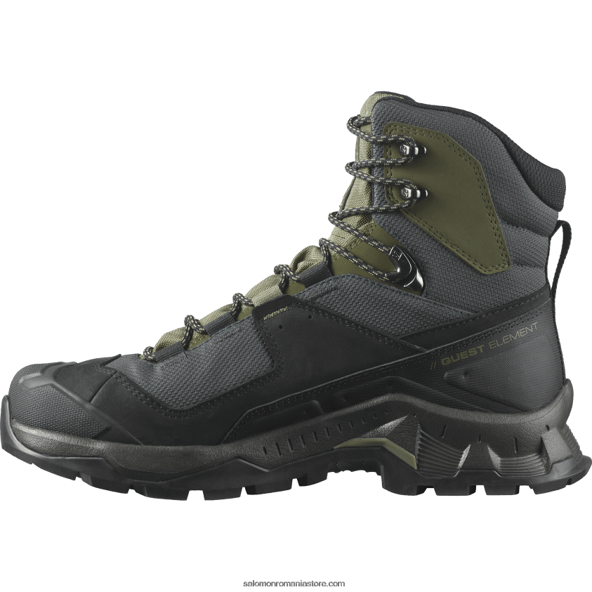 Salomon negru/verde lichen profund/noapte măsliniu ghete de drumeție din piele pentru bărbați - quest element gore-tex 6D8X2J51