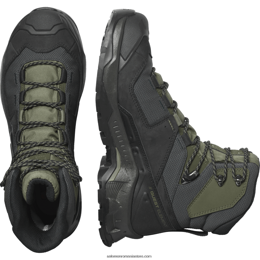 Salomon negru/verde lichen profund/noapte măsliniu ghete de drumeție din piele pentru bărbați - quest element gore-tex 6D8X2J51