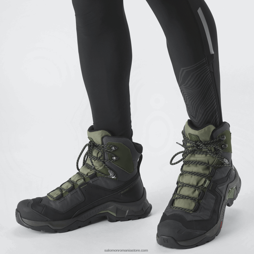 Salomon negru/verde lichen profund/noapte măsliniu ghete de drumeție din piele pentru bărbați - quest element gore-tex 6D8X2J51